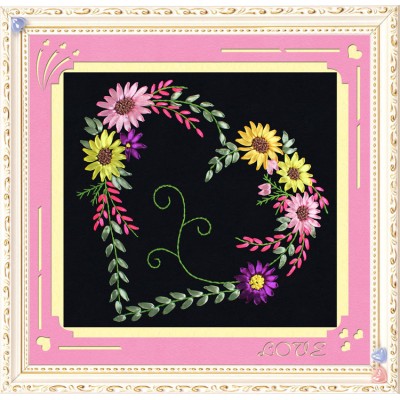 3D Pink Flower And Heart Pattern, Oxford Silk Ribbon Kit